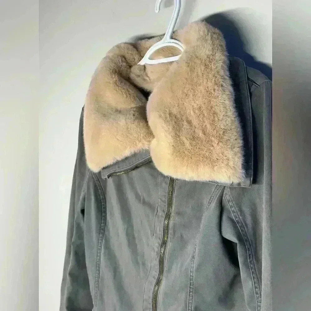 Anthropologie Marrakech Faux Fur Aviator Moto Jacket | Olive Grey | Size M - Picture 3 of 16